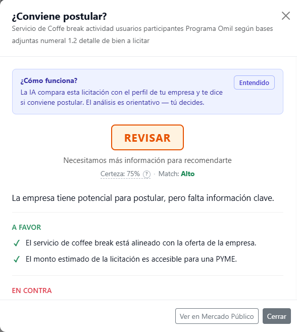 Análisis de licitación con IA en Vendify — resultado con score de certeza, puntos a favor y en contra para proveedores del Estado en Chile