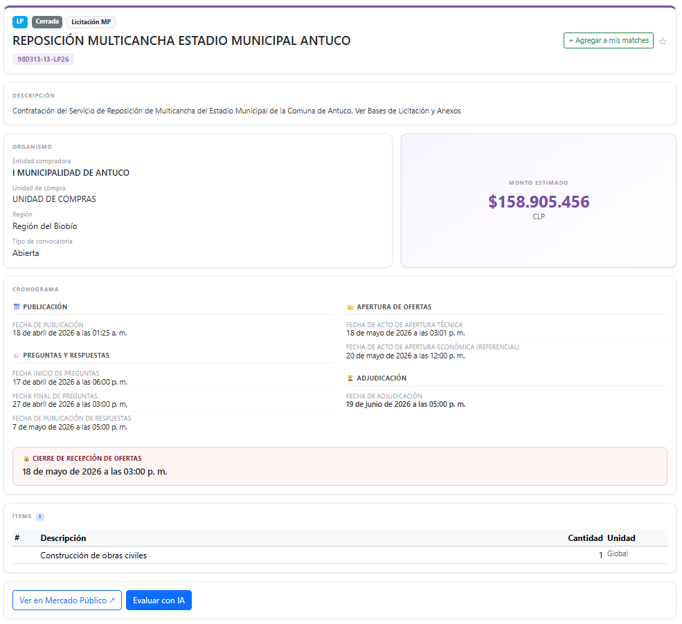 Ficha de licitación pública en Vendify — detalle con organismo comprador, cronograma e ítems de la licitación en Mercado Público