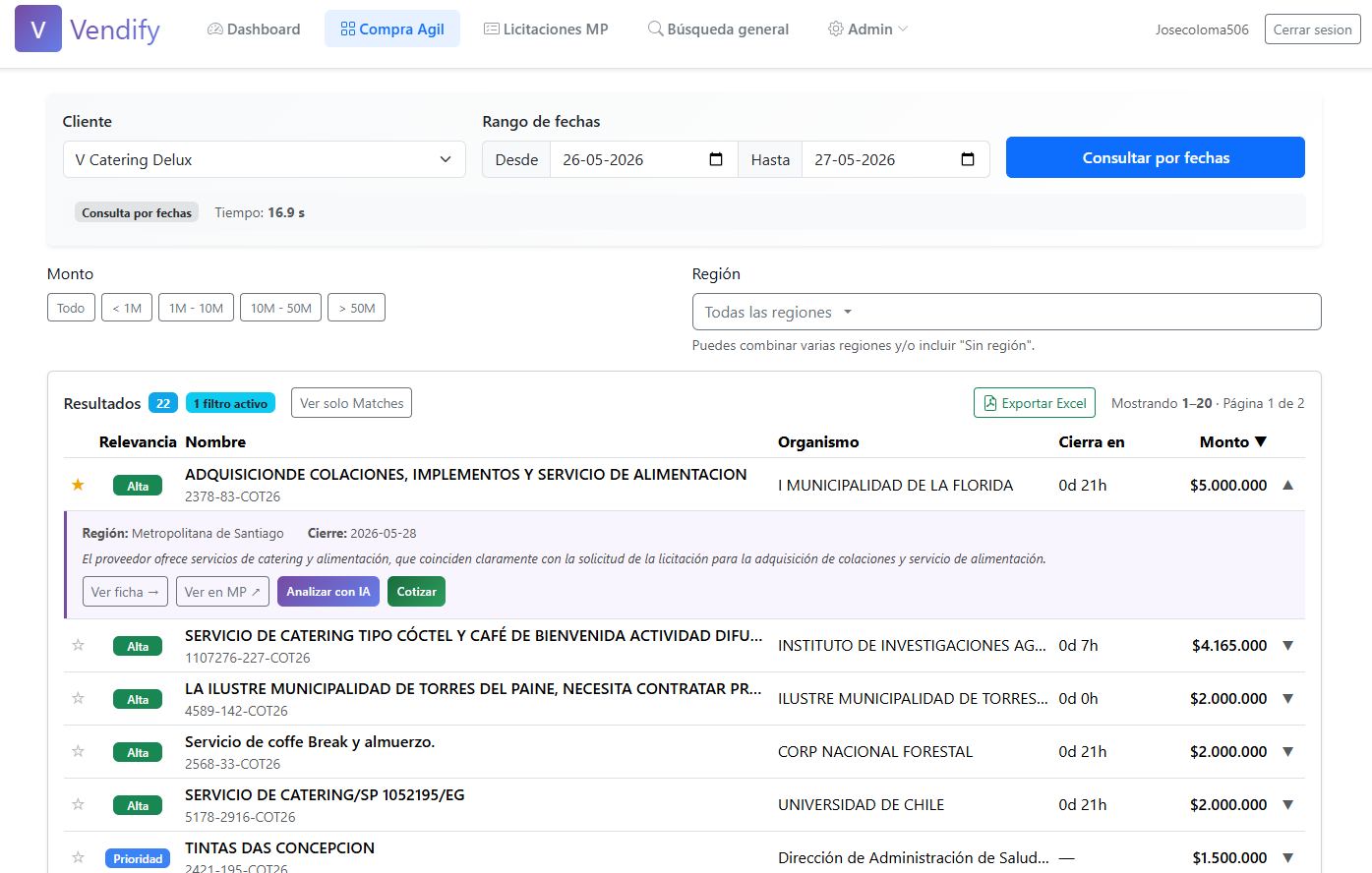 Panel de Vendify mostrando Compras Ágiles y licitaciones detectadas con IA — lista de oportunidades para proveedores del Estado en Chile
