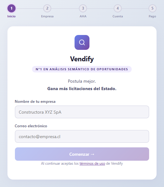 Formulario de registro de Vendify — paso 1 del onboarding para detectar licitaciones en Mercado Público y Compras Ágiles
