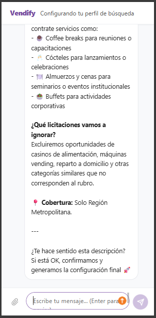 Agente IA de Vendify configurando automáticamente el perfil de búsqueda de licitaciones — keywords y exclusiones para una empresa proveedora del Estado